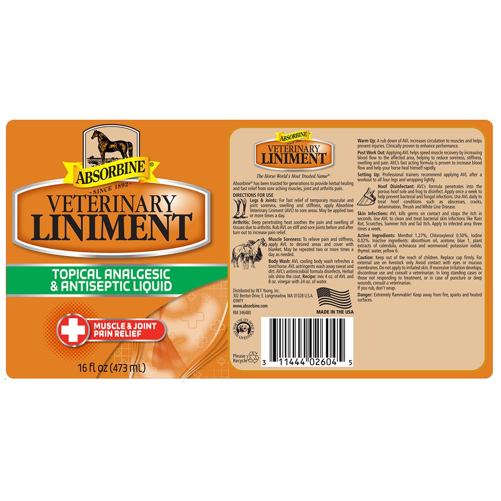 Absorbine Veterinary Liniment Muscle & joint pain relief label.