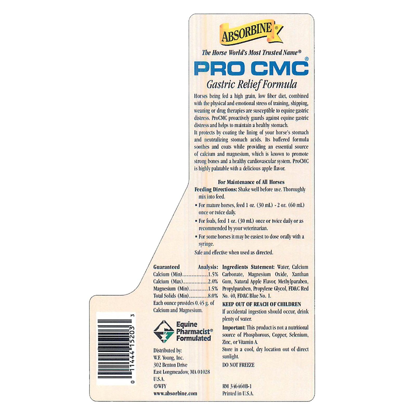 Absorbine the horse world's most trusted name Pro CMC Gastric Relief Formula back label.