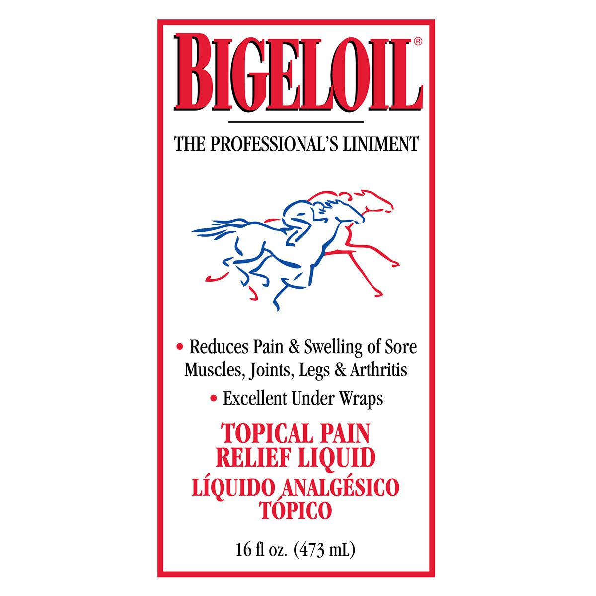 Front label for Bigeloil topical pain relief liquid 16 oz.