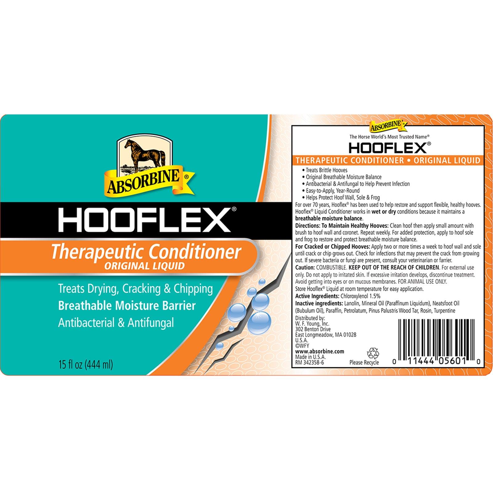 Absorbine Hooflex Therapeutic Conditioner original liquid. Treats drying, cracking & chipping. Breathable moisture barrier, antibacterial & antifungal 15 fluid oz. bottle wrap around label.