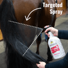 Showsheen Original Hair Polish & Detangler.  Woman holding the horse's tail while spraying a targeted directional spray onto the horses tail without any overspray. 