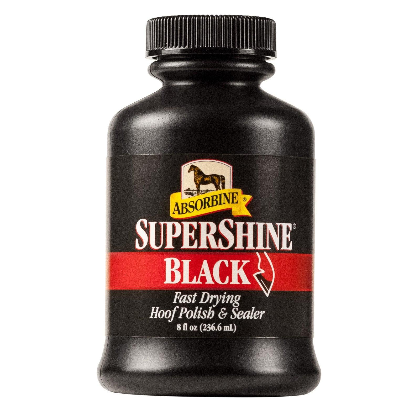 SuperShine Black fast drying hoof polish & sealer 8 fluid ounce bottle.
