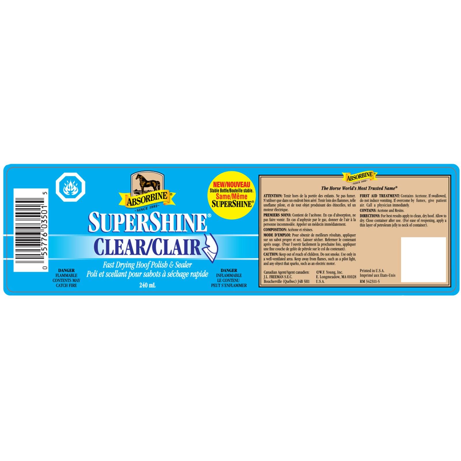 SuperShine Clear fast drying hoof polish & sealer 8 fluid ounce bottle wrap around label.