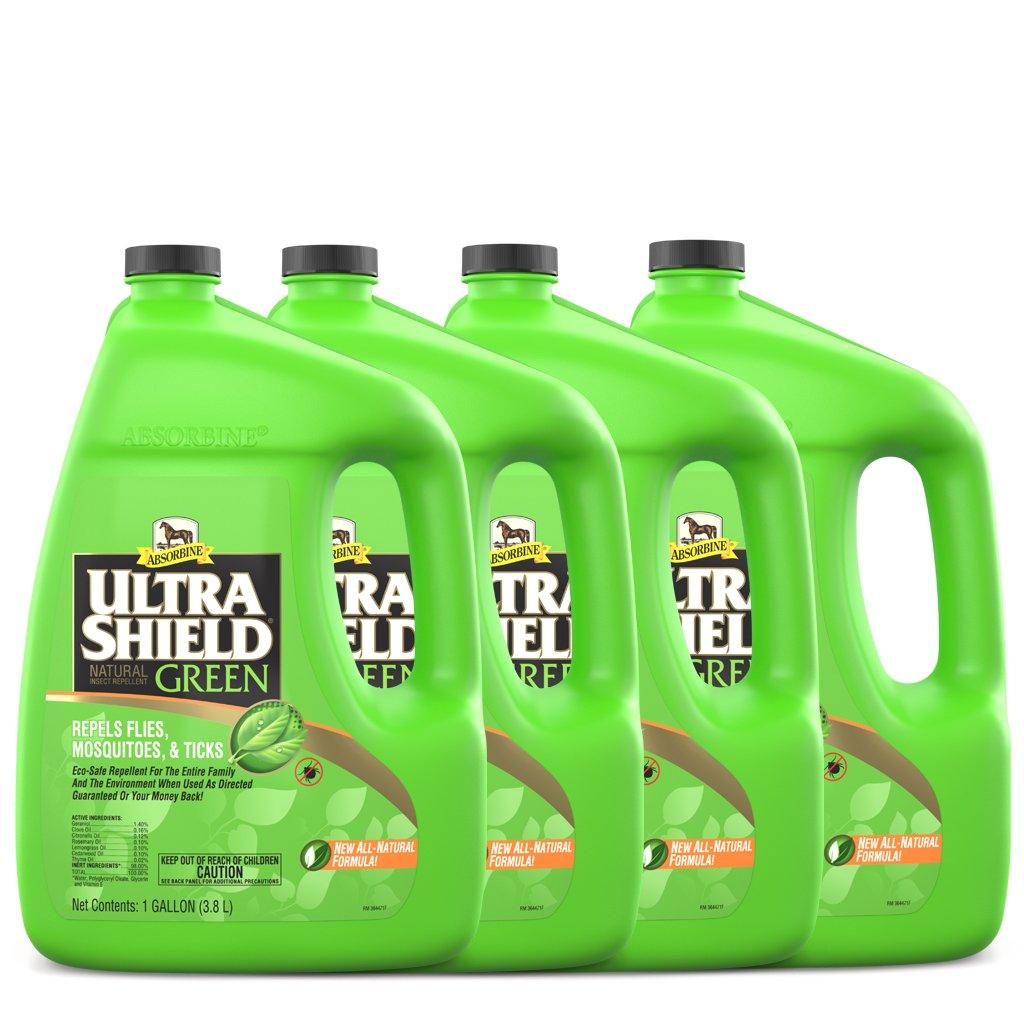 UltraShield Green four gallons in a row barn deal . UltraShield Green repels flies, mosquitos & ticks. Eco-safe repellent for the entire family and the environment when used as directed. Guaranteed or your money back.