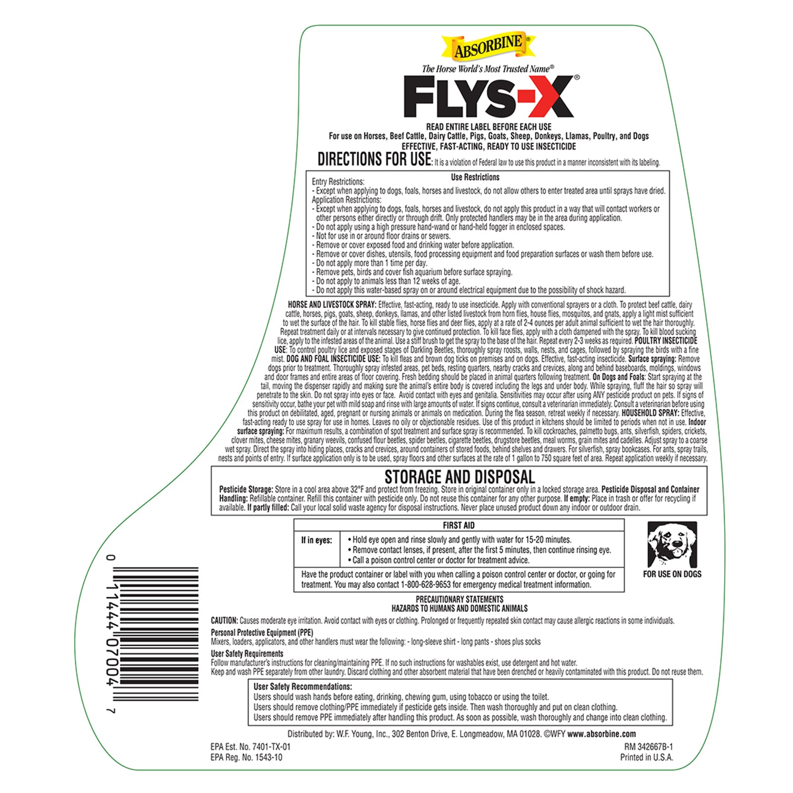 Absorbine Flys-X back of bottle directions for use label.