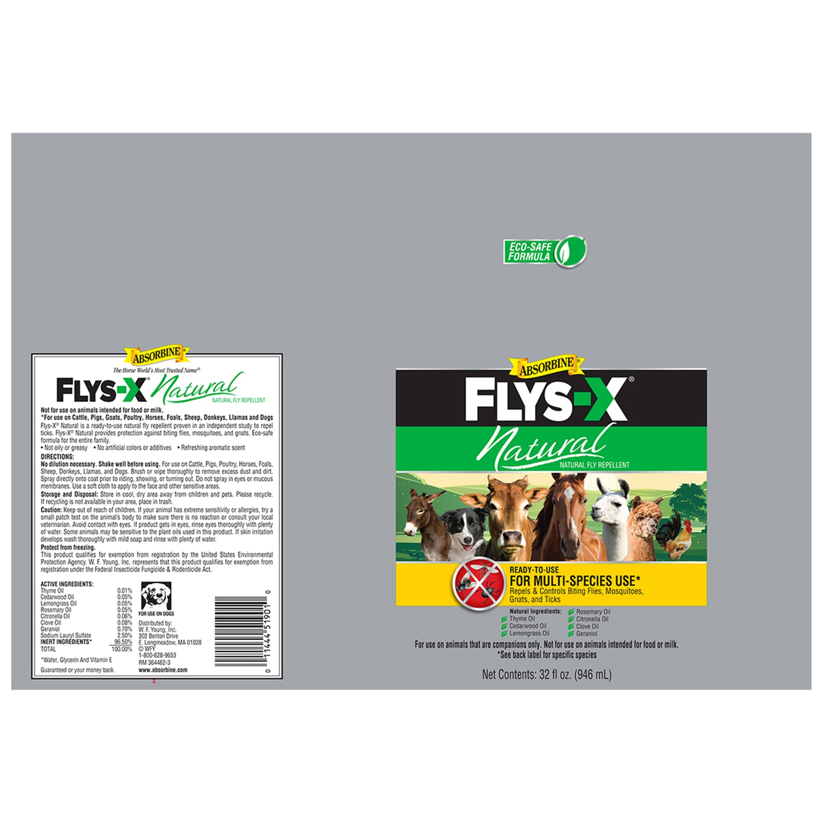 Absorbine Flys-X Natural, natural fly repellent 32 fluid oz. bottle label.