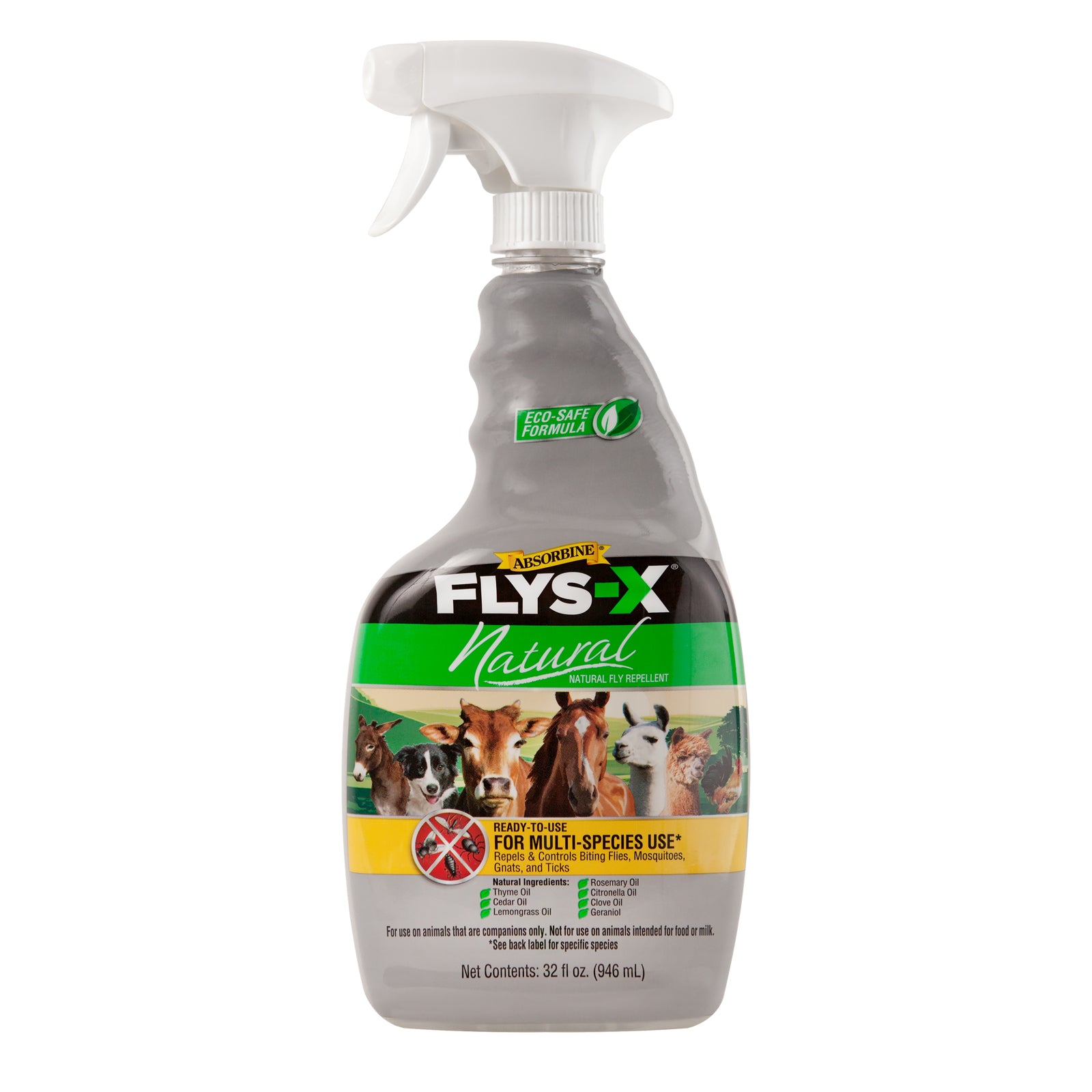 Absorbine Flys-X Natural fly repellent 32 fluid oz. Eco-safe formula bottle and sprayer.  Ready to use for multi species use.