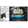 UltraShield fly mask cob size with ears.  Breathable & Moisture wicking performance fabrics. Keeps horses cool and dry, blocks 80% of harmful UV rays, durable & lightweight. Entire packaging label.
