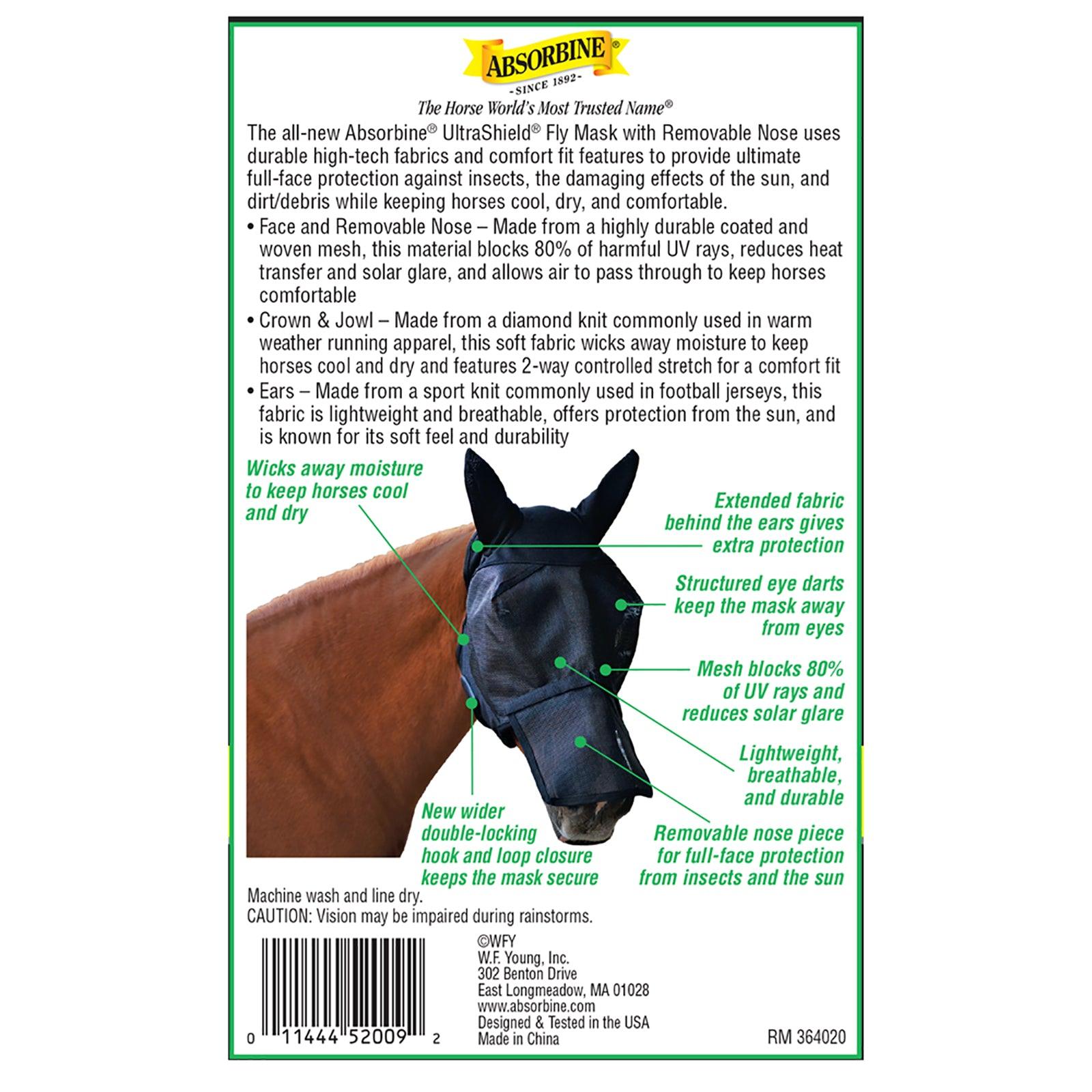 Back label of the UltraShield flymask showing all the spots where UltraShield fly mask with removable nose excels over the competition.