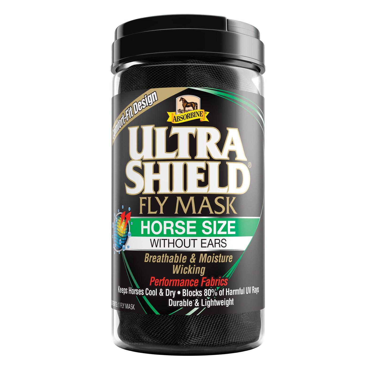 UltraShield fly mask horse size without ears.  Breathable & Moisture wicking performance fabrics. Keeps horses cool and dry, blocks 80% of harmful UV rays, durable & lightweight.
