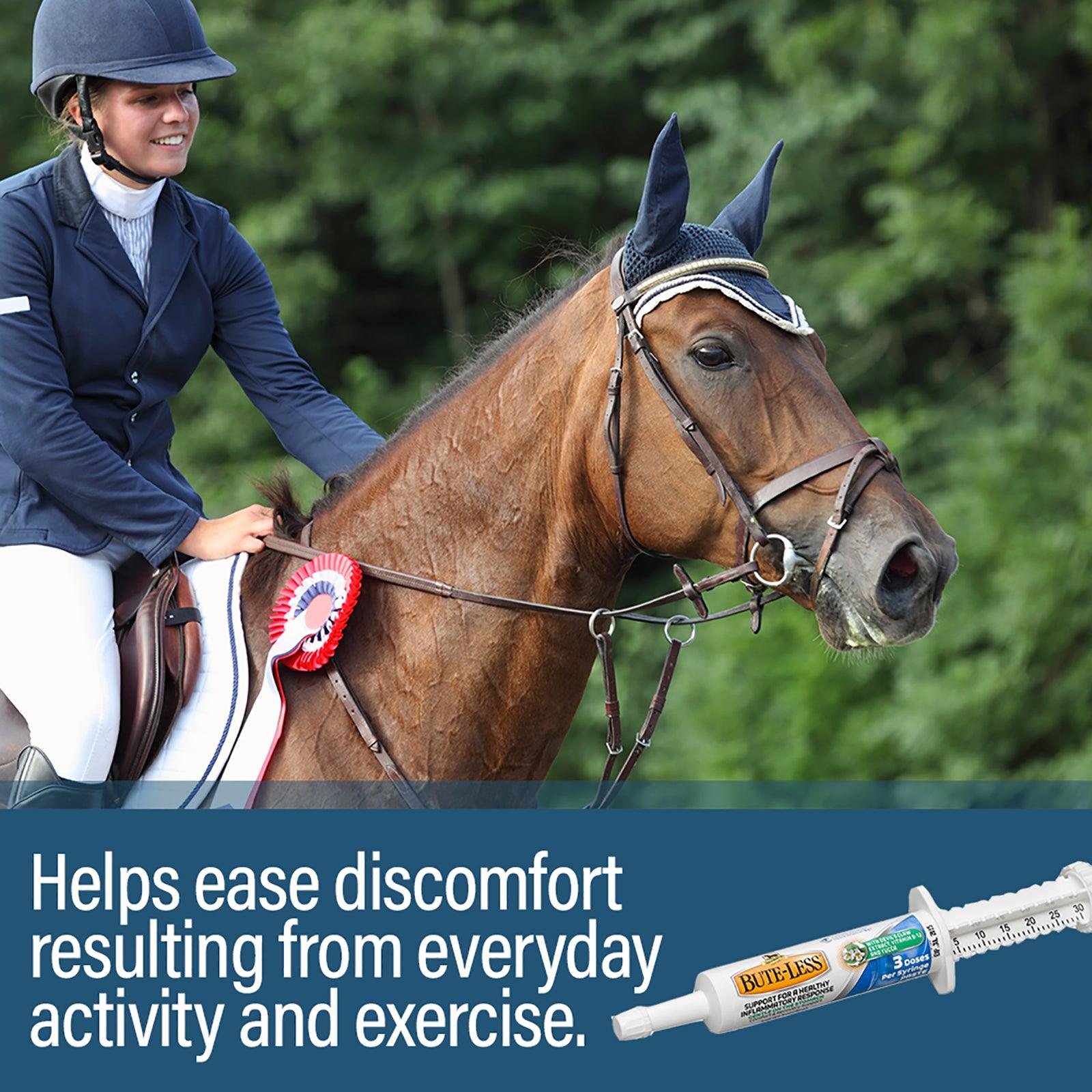 Woman riding a horse with a ribbon on its halter. Bute-less supplement helps ease discomfort resulting from everyday activity and exercise. 