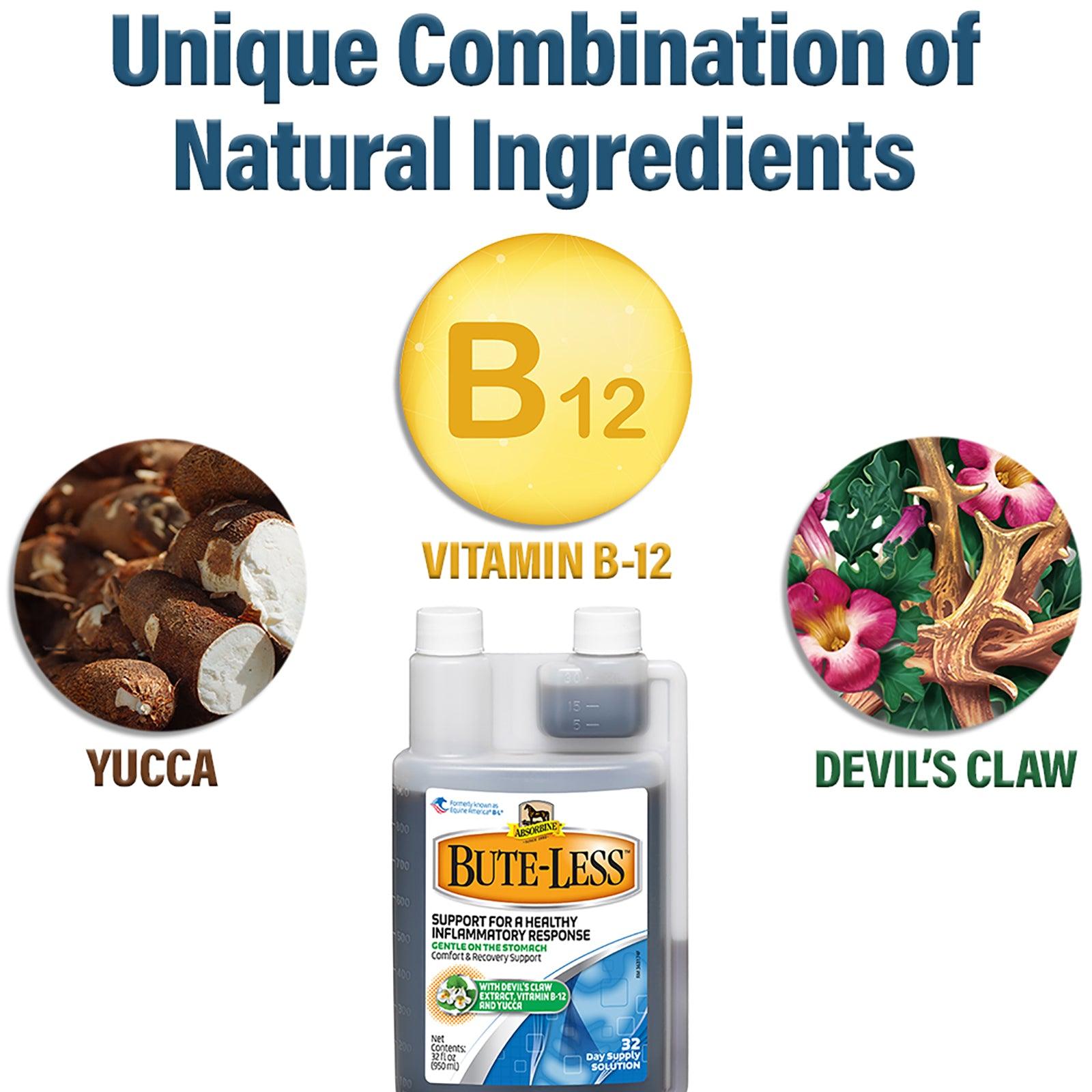 Bute-less 32 fluid oz. Solution. "Unique combination of natural ingredients".  Containing Yucca, Vitamin B12, and Devil's Claw.