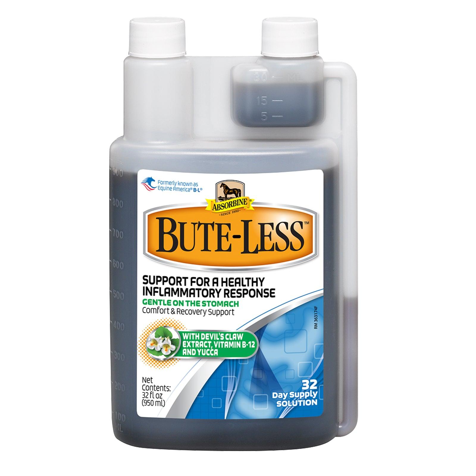 Bute-less 32 fluid oz. Solution.  Support for a healthy inflammatory response, gentle on stomach, comfort and recovery support 32 day supply solution.