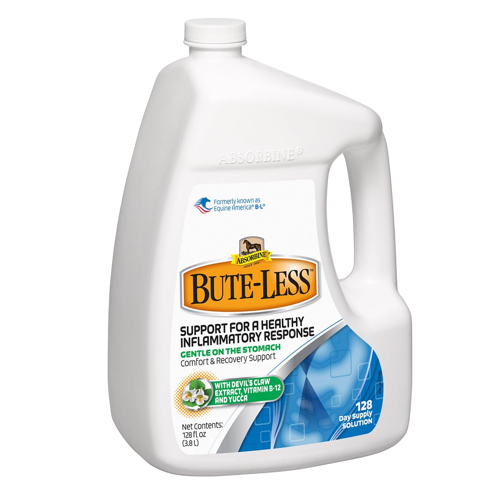 Bute-less 128 fluid oz support for a healthy inflammatory response, gentle on stomach, comfort and recovery support 128 day supply solution. With devil's claw extract, vitamin B-12 and Yucca.