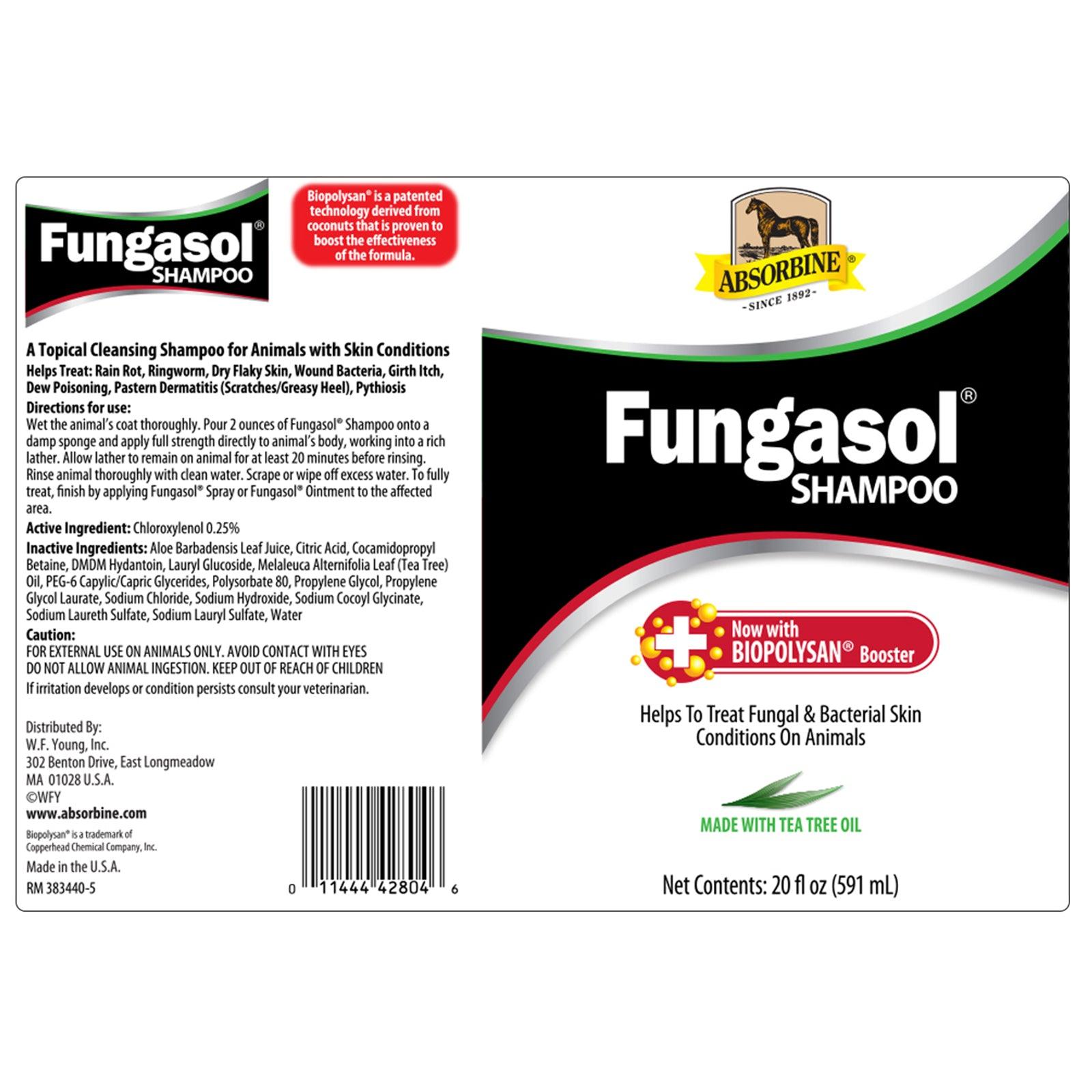 Absorbine Fungasol shampoo wrap around bottle label.  Helps treat fungal and bacterial skin conditions on animals.  Made with tea tree oil.
