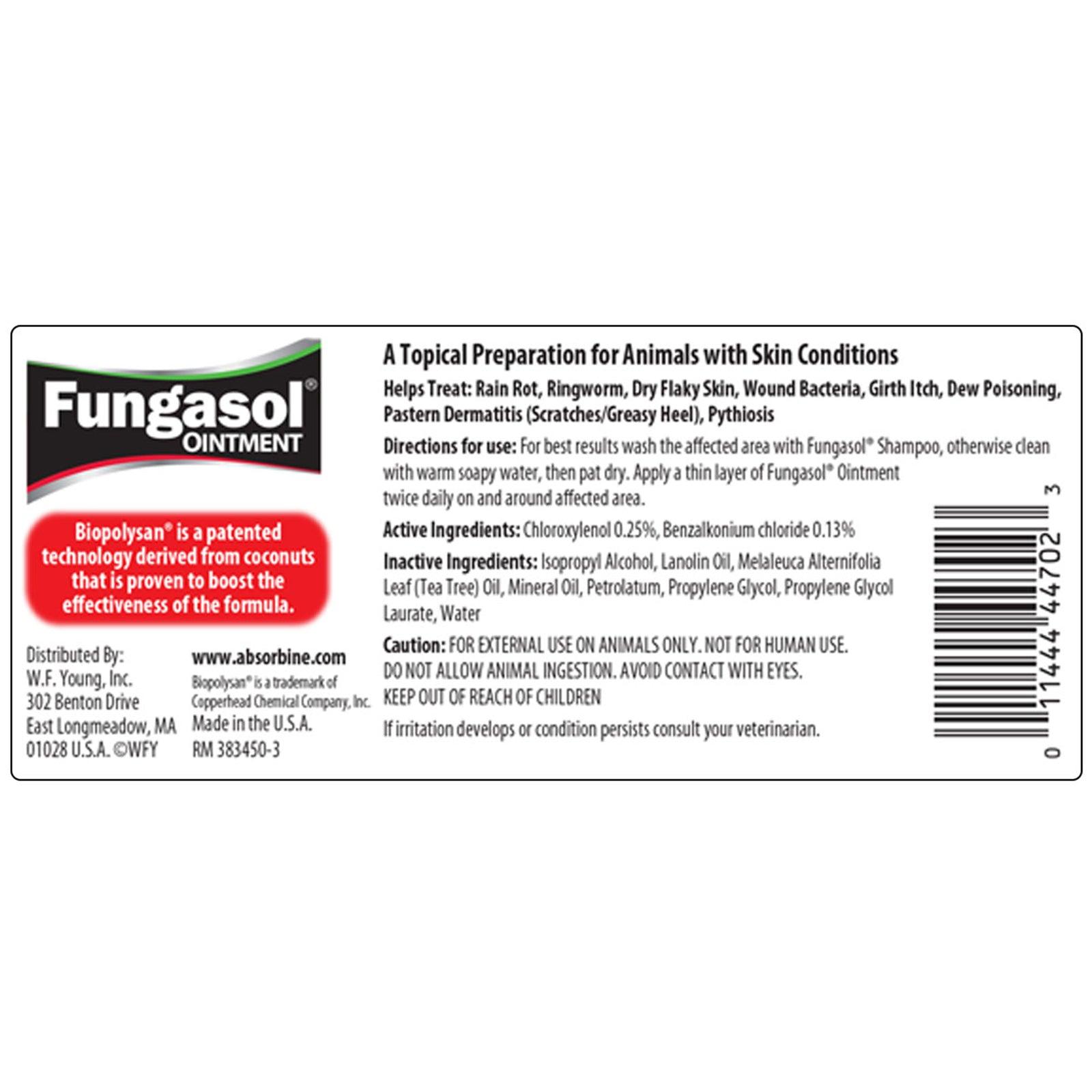 Back label of Fungasol Ointment.  A topical preparation for animals with skin conditions. Biopolysan is a patented technology derived from coconuts that is proven to boost the effectiveness of the formula.