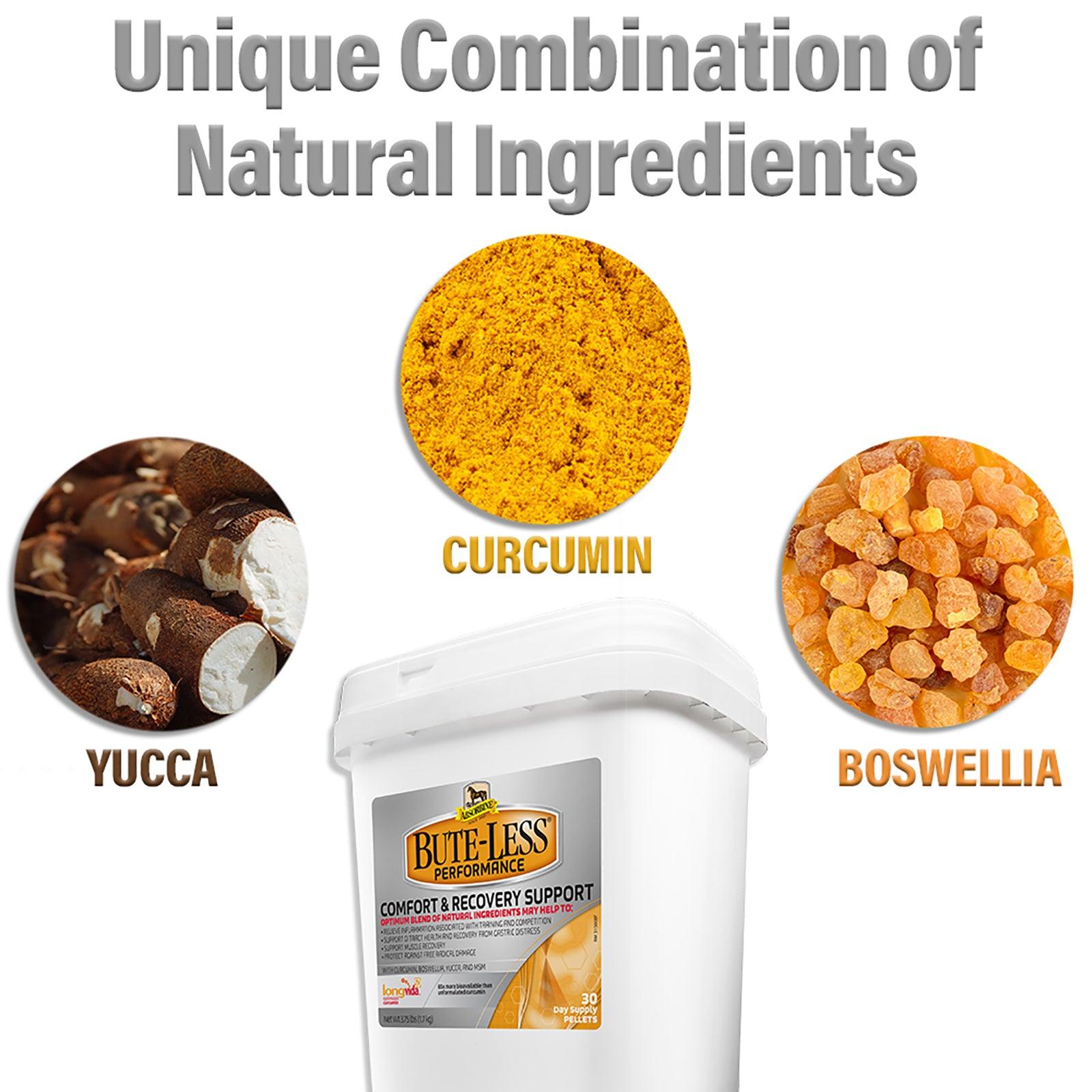Absorbine Bute-less Performance a unique combination of natural ingredients.  Contains Yucca, Curcumin, and Boswellia.