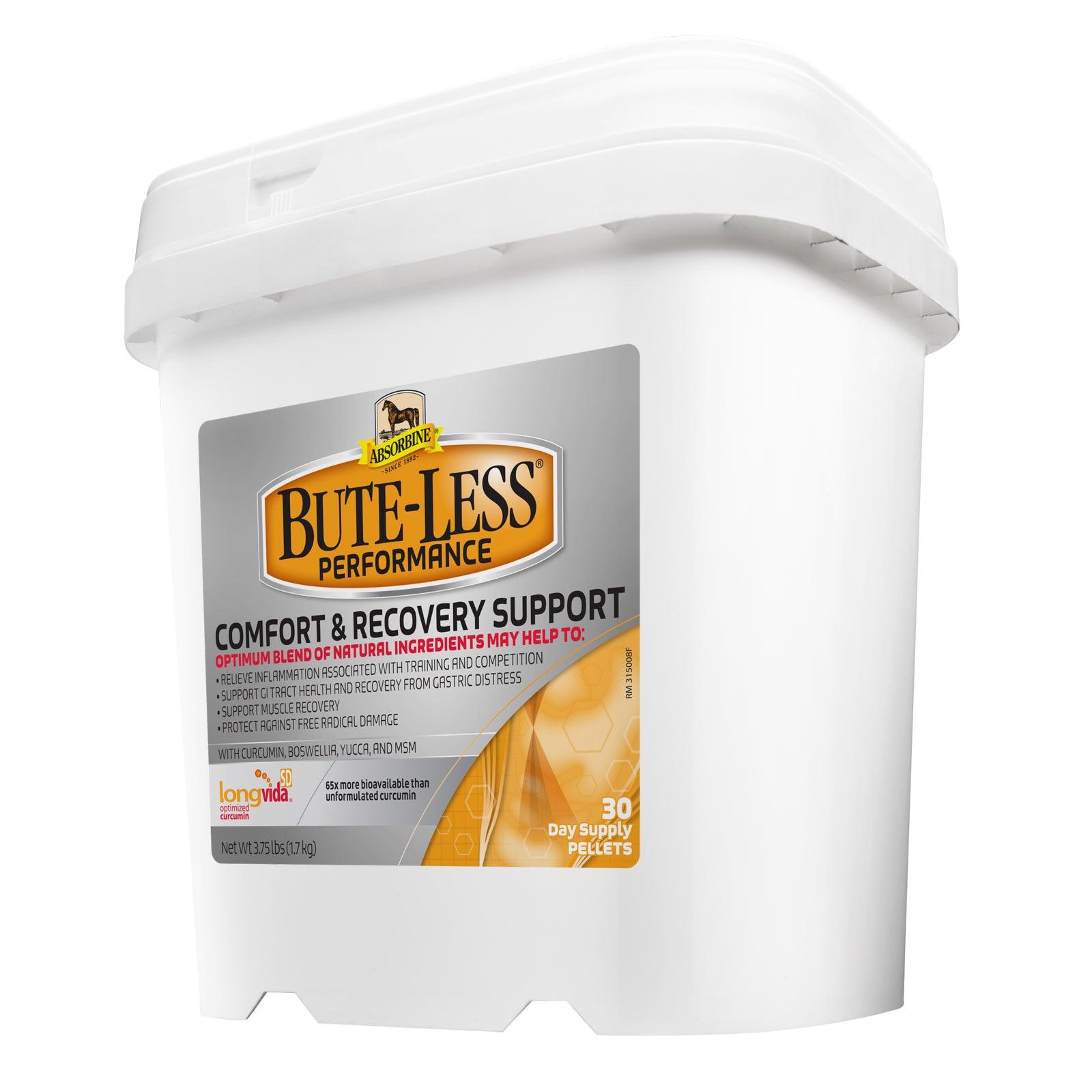 Absorbine Bute-less Performance comfort & recovery support 30 day supply of pellets bucket.  Show safe for your horse.