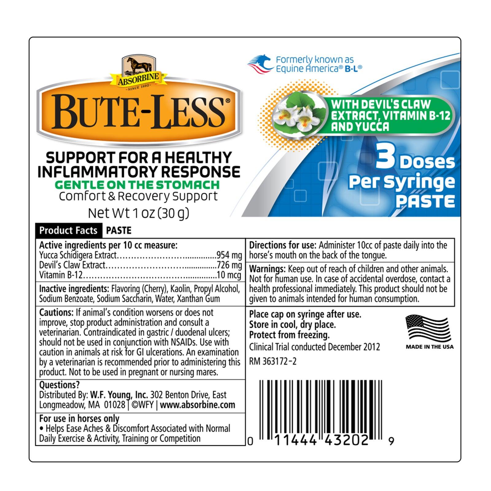 Bute-less paste support for a healthy inflammatory response. Gentle on the stomach, comfort & recovery support net weight 1 oz. label.