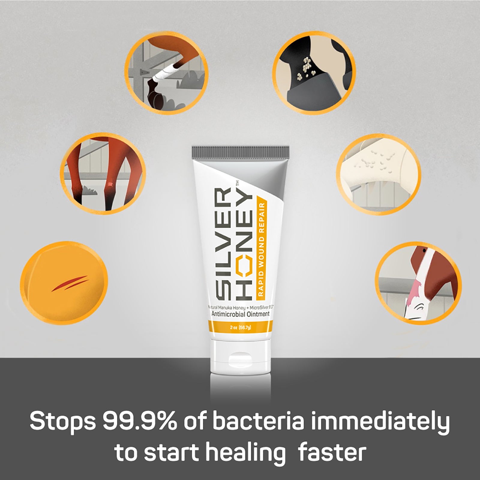 Silver honey rapid wound repair antimicrobial ointment stops 99.9% of bacterial immediately to start healing faster.