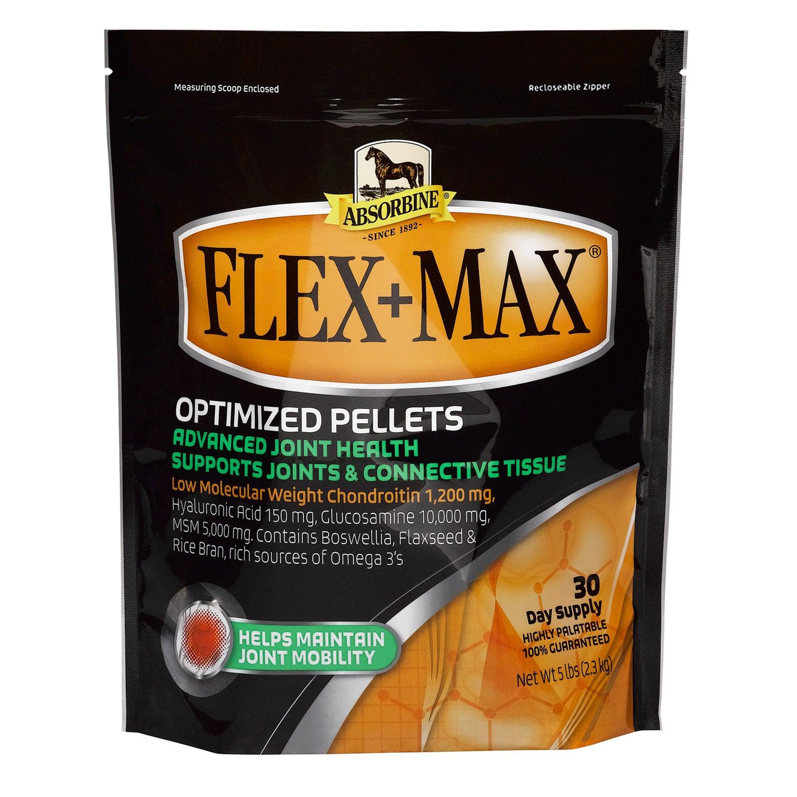 Absorbine Flex + Max optimized pellets for advanced joint health.  Supports joints & connectivity tissue 30 day supply 5 lb. bag.