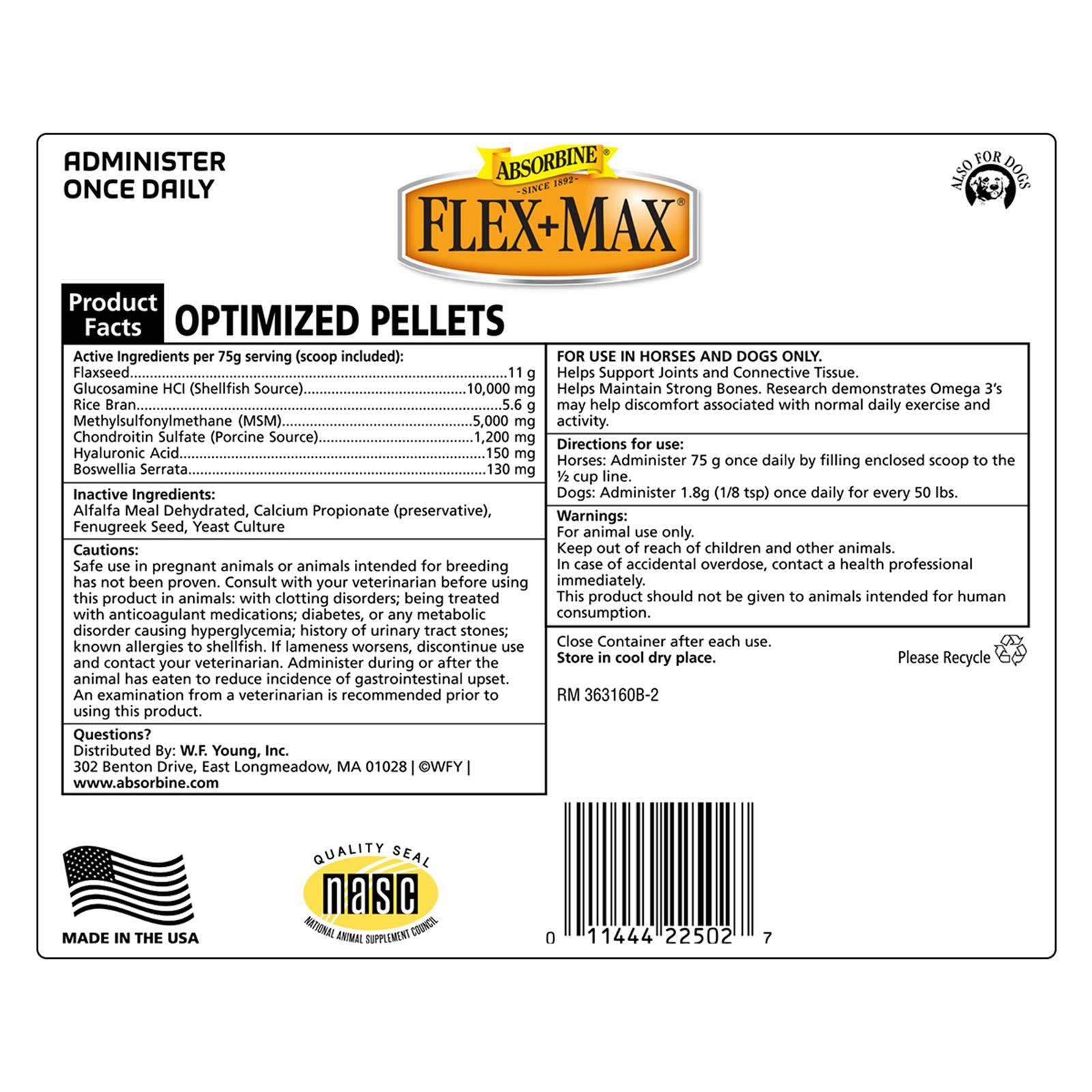 Absorbine Flex + Max administer once daily, optimized pellets product facts back label.