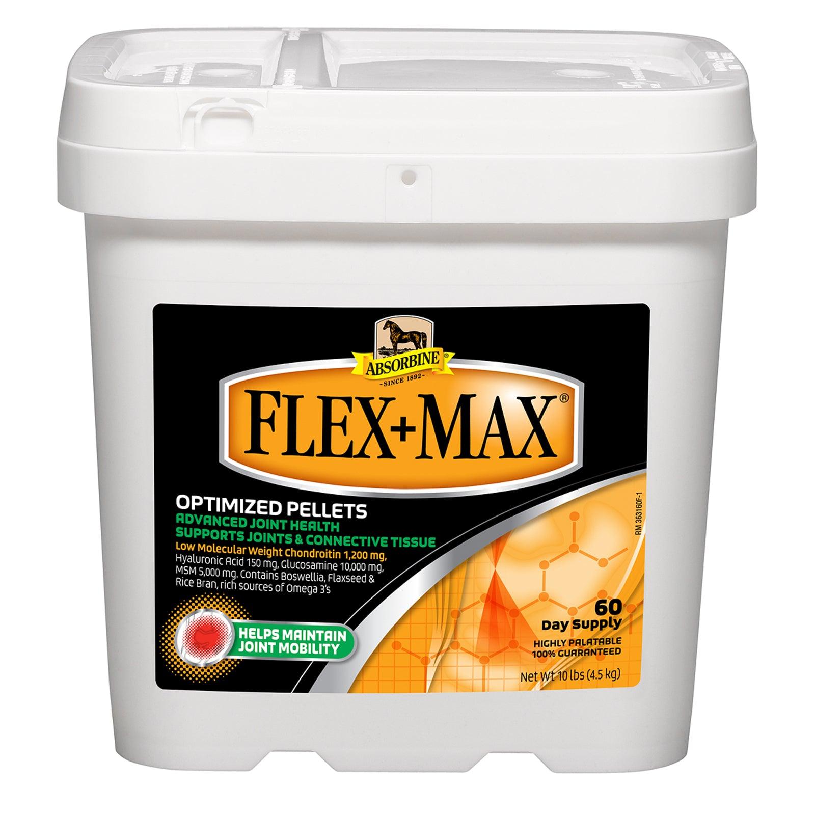 10 lb. bucket of Flex+Max optimized pellets.  Advanced joint health, supports joints & connectivity tissue.  Helps maintain joint mobility 60 day supply.