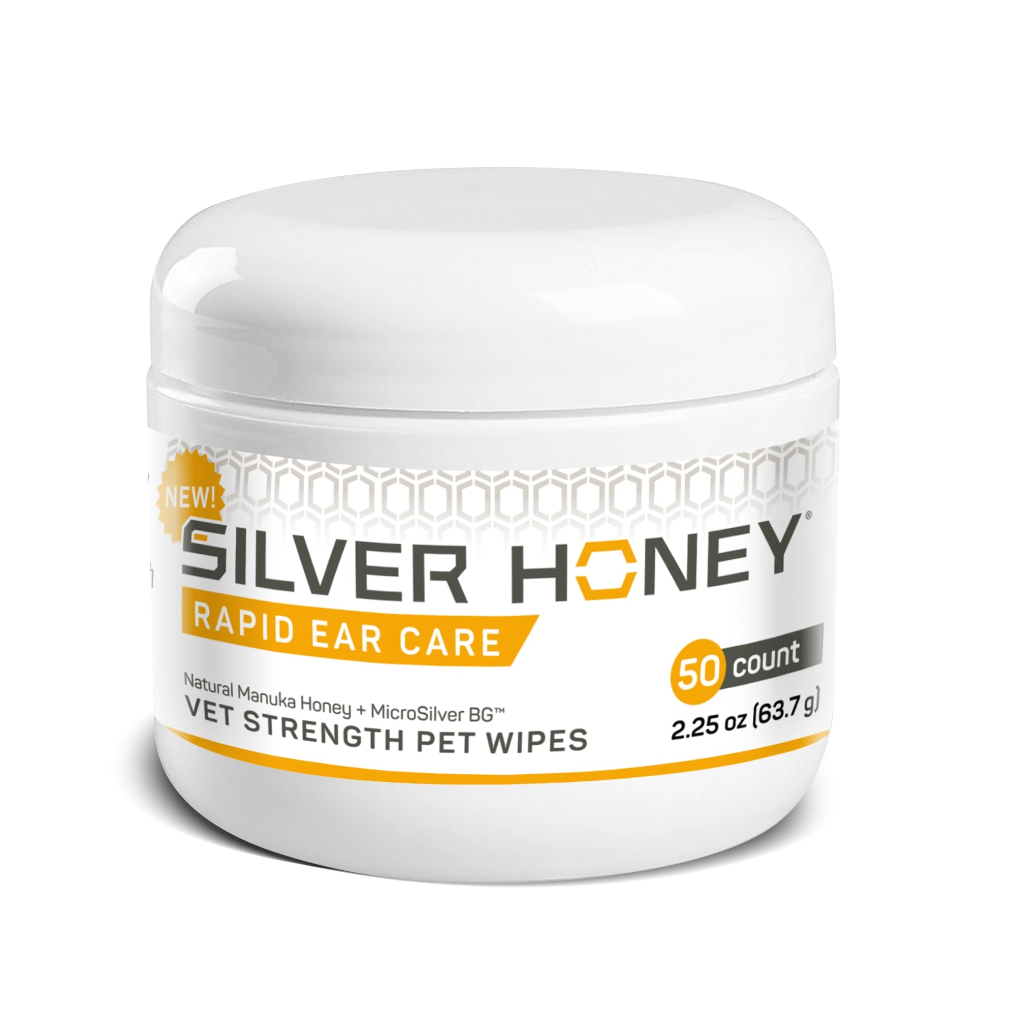 Silver Honey Rapid Ear Care Vet strength pet wipes 50 count container.