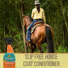 Woman in flannel shirt and blue jeans riding a brown horse with massive leg muscles into the woods.  Santa Fe No-Slip Conditioner, slip free horse coat conditioner.