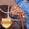 Man in blue jeans, sitting on a horse with a leather saddle between him and the horse.  Safe under the saddle, no slip.