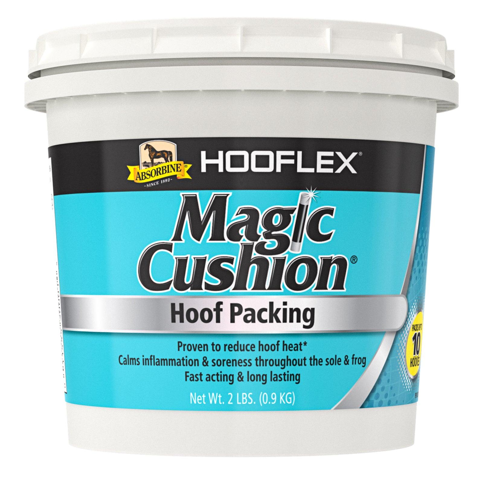 Magic Cushion Hoof Packing.  Proven to reduce hoof heat.  Calms inflammation & soreness throughout the sole & frog.  Fast acting, long lasting.  Net weight 2 pound bucket.