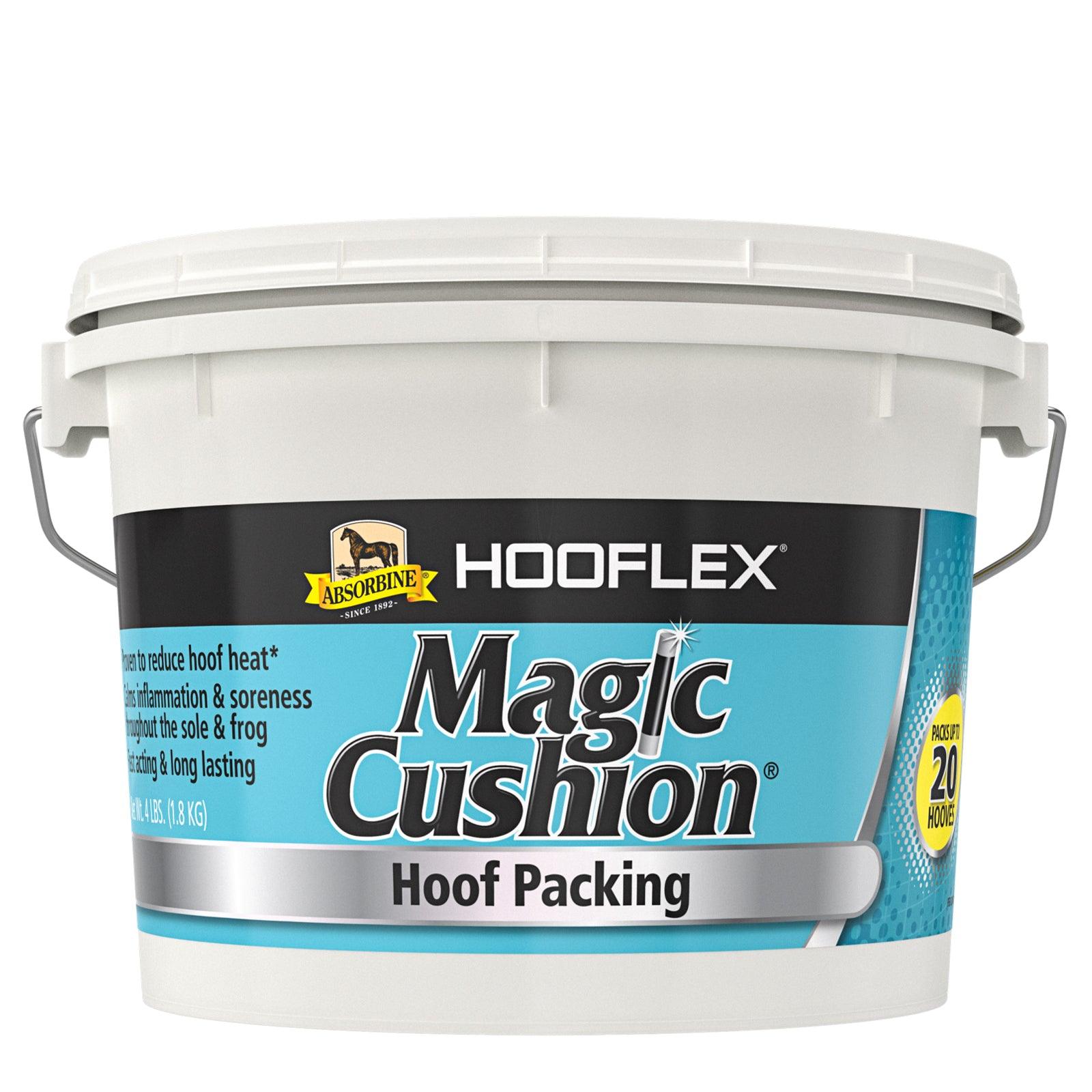 Magic Cushion Hoof Packing. Proven to reduce hoof heat. Calms inflammation & soreness throughout the sole & frog. Fast acting, long lasting. Net weight 4 pound bucket.