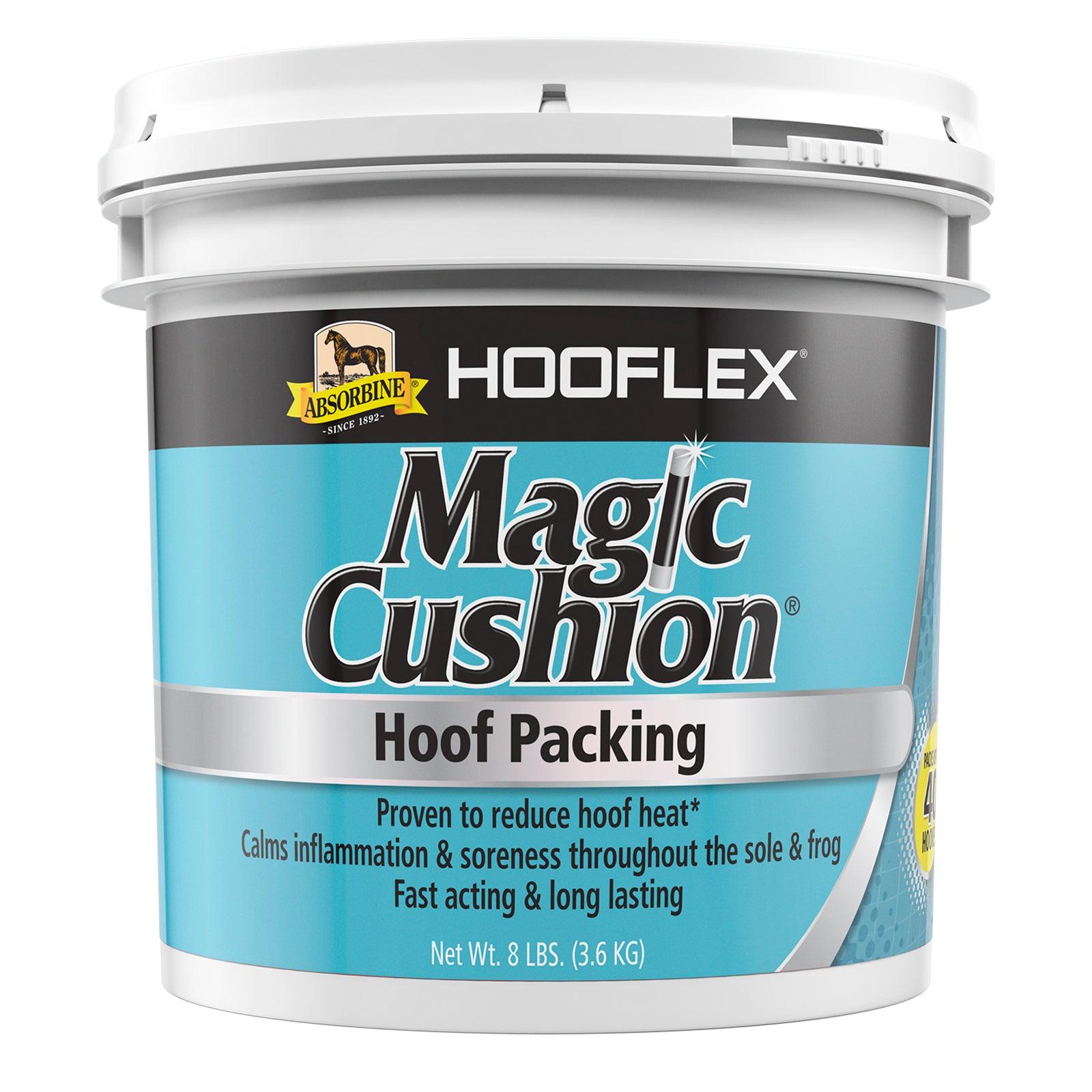 Magic Cushion Hoof Packing. Proven to reduce hoof heat. Calms inflammation & soreness throughout the sole & frog. Fast acting, long lasting. Net weight 8 pound bucket.