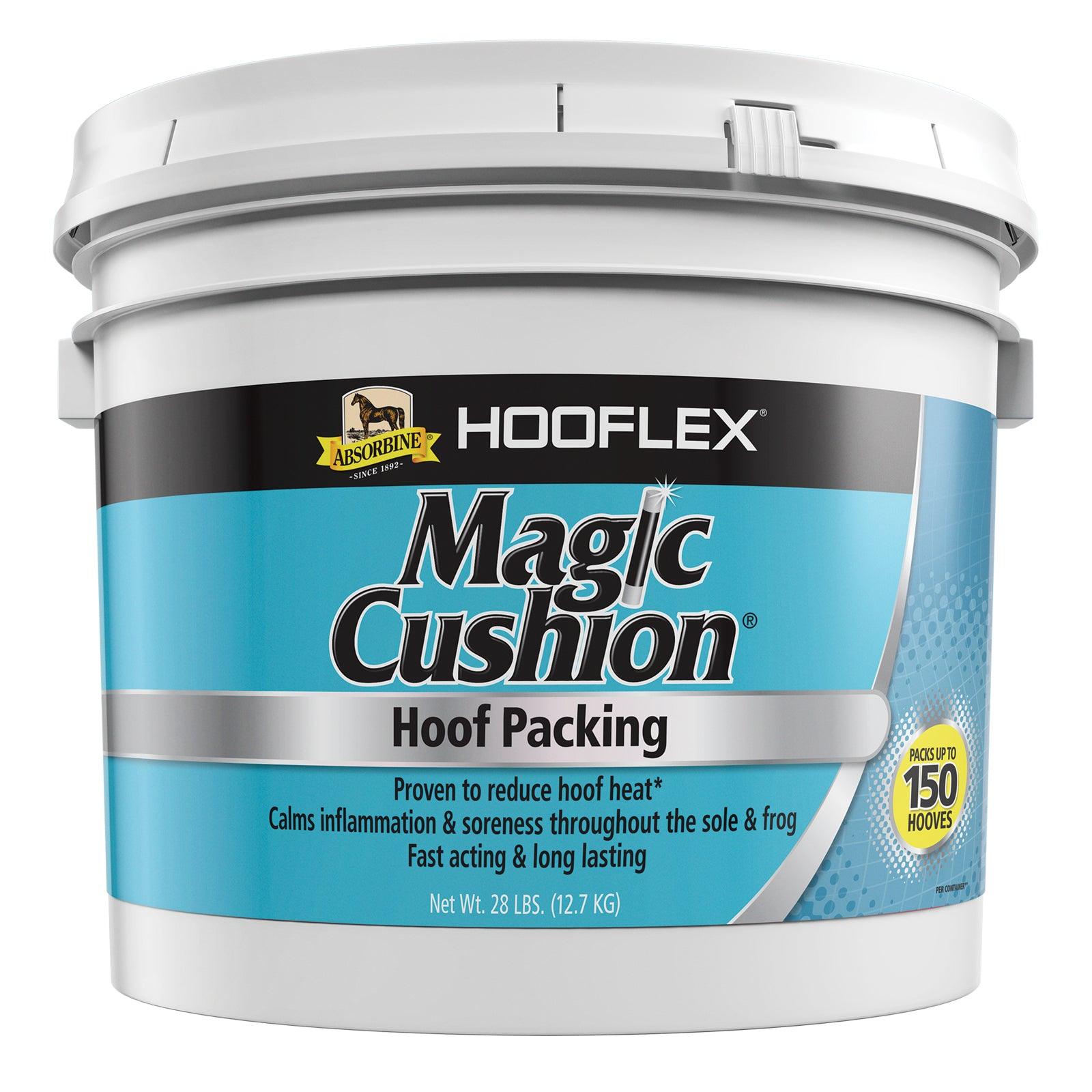 Magic Cushion Hoof Packing. Proven to reduce hoof heat. Calms inflammation & soreness throughout the sole & frog. Fast acting, long lasting. Net weight 28 pound bucket.