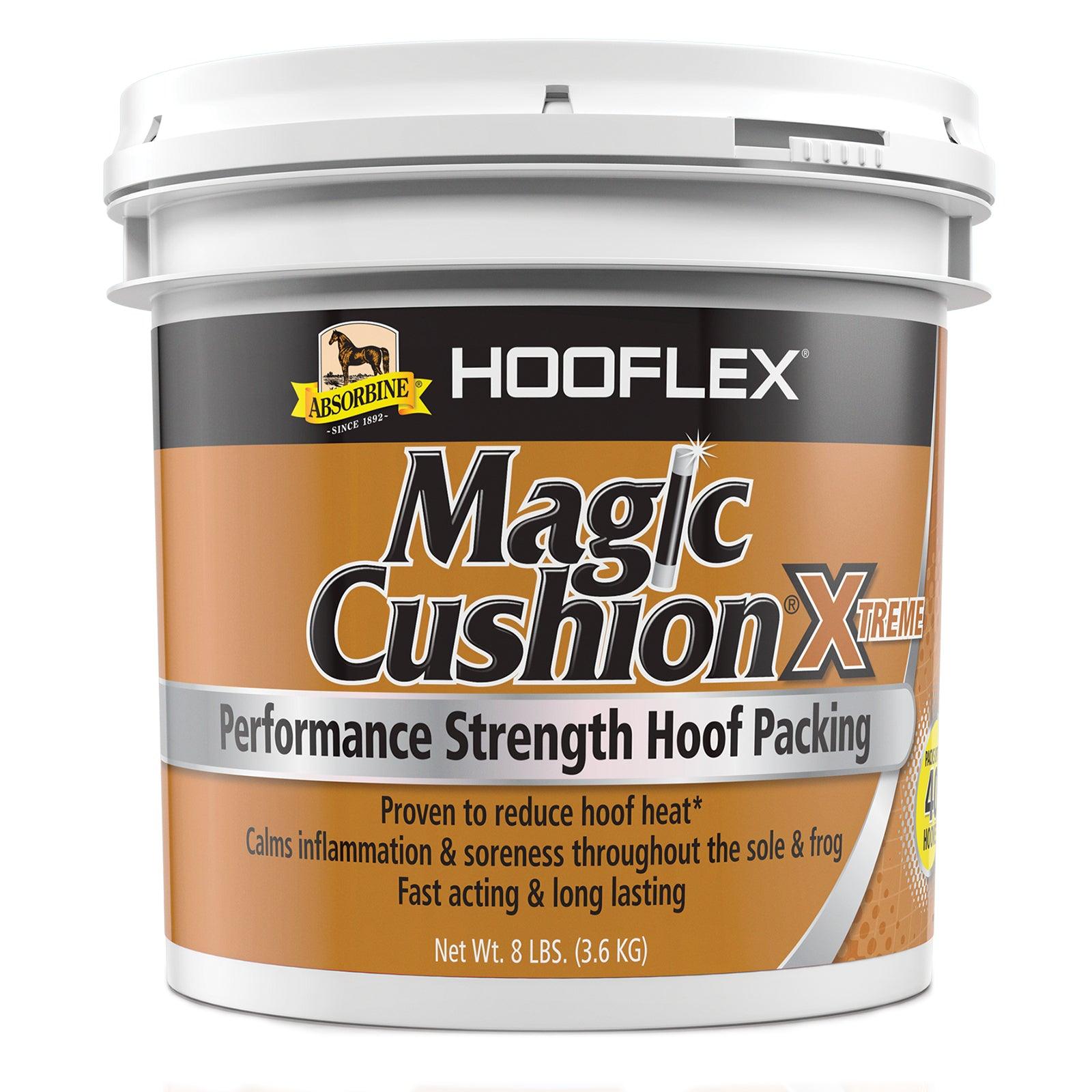 Magic Cushion Xtreme Performance Strength Hoof Packing. Proven to reduce hoof heat. Calms inflammation & soreness throughout the sole & frog. Fast acting, long lasting. Net weight 8 pound bucket.