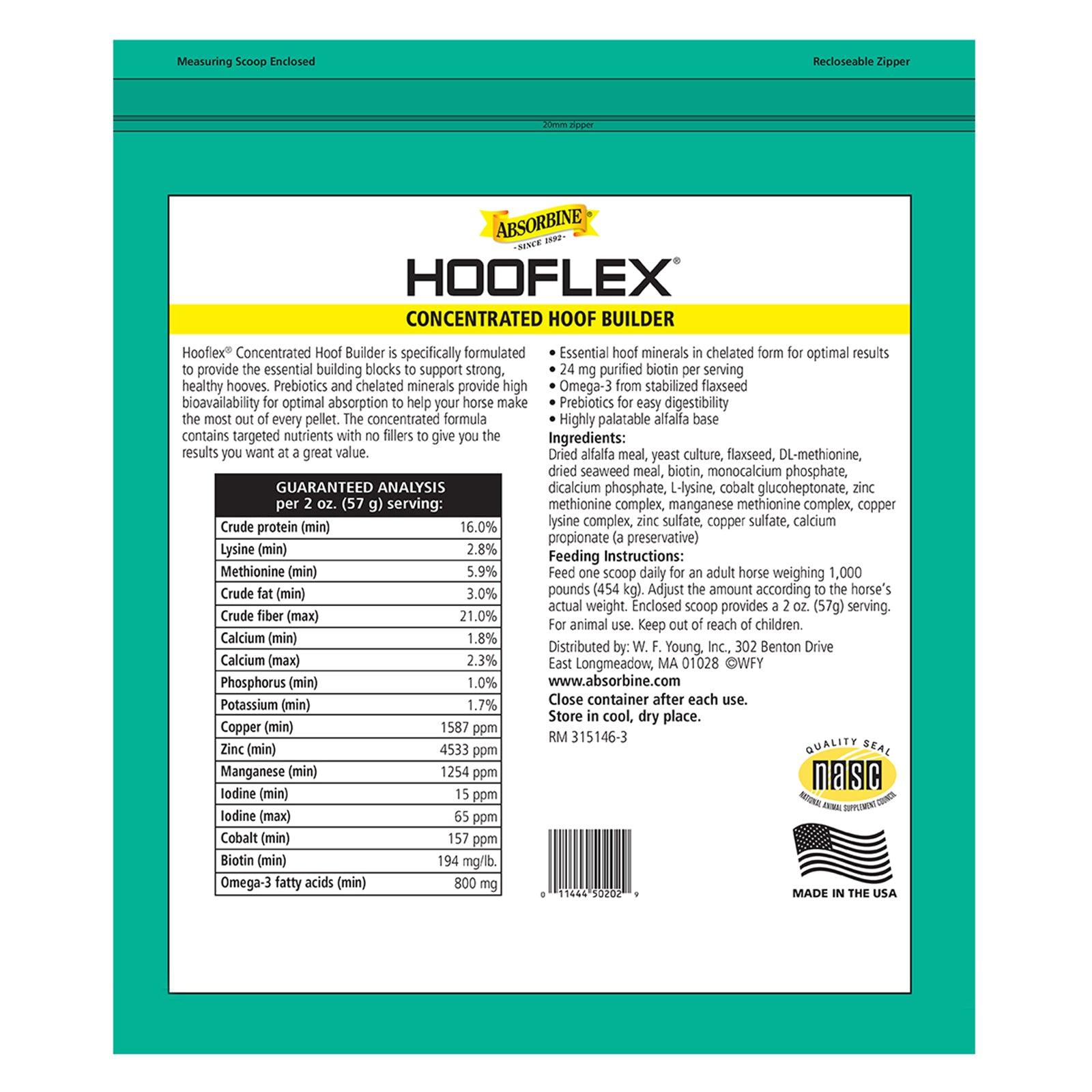 Absorbine Hooflex concentrated hoof builder back label, with a quality seal from NASC, made in the USA.