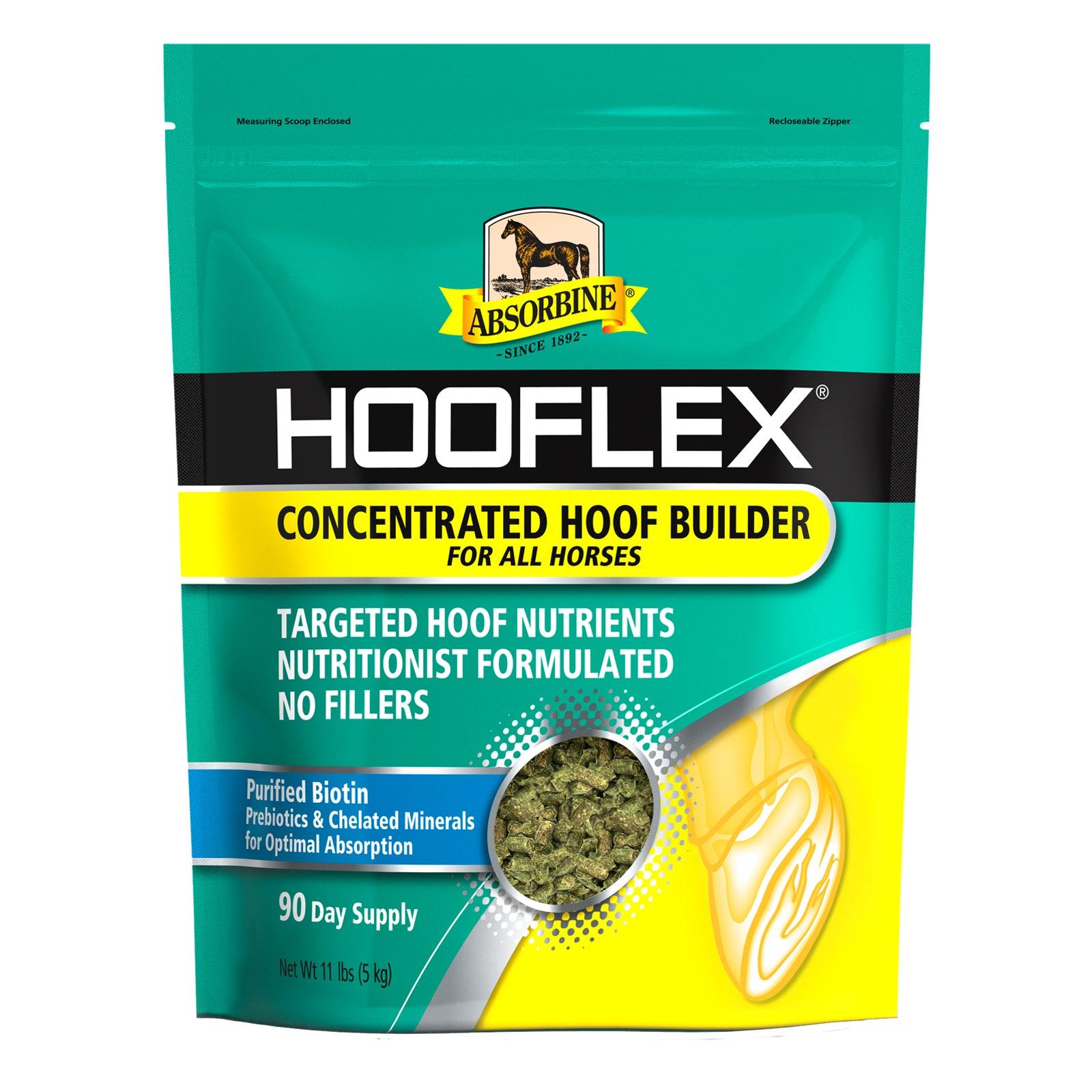 Absorbine Hooflex Concentrated Hoof Builder for all horses.  Targeted hoof nutrients, nutritionist formulated, no fillers 90 day supply bag.  Net weight 11 lbs.