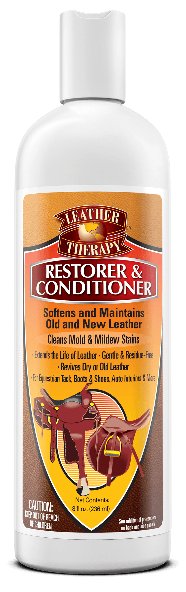 Leather Therapy Restorer & Conditioner. Softens and maintains old and new leather. Cleans mold & mildew stains. Extends the life of leather, gentle and residue free 8 ounce fluid bottle.