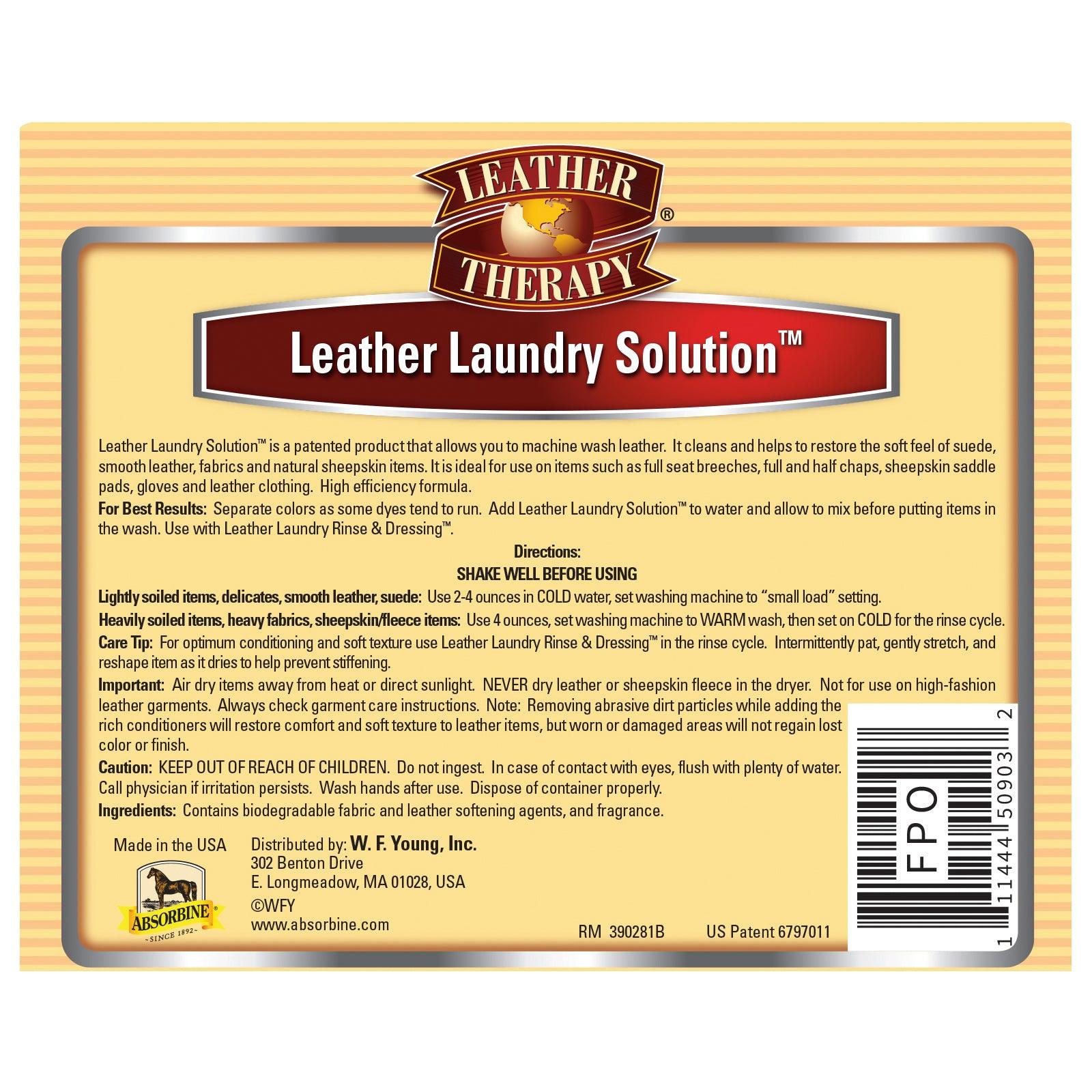 Leather Therapy Leather Laundry Solution back label to bottle.