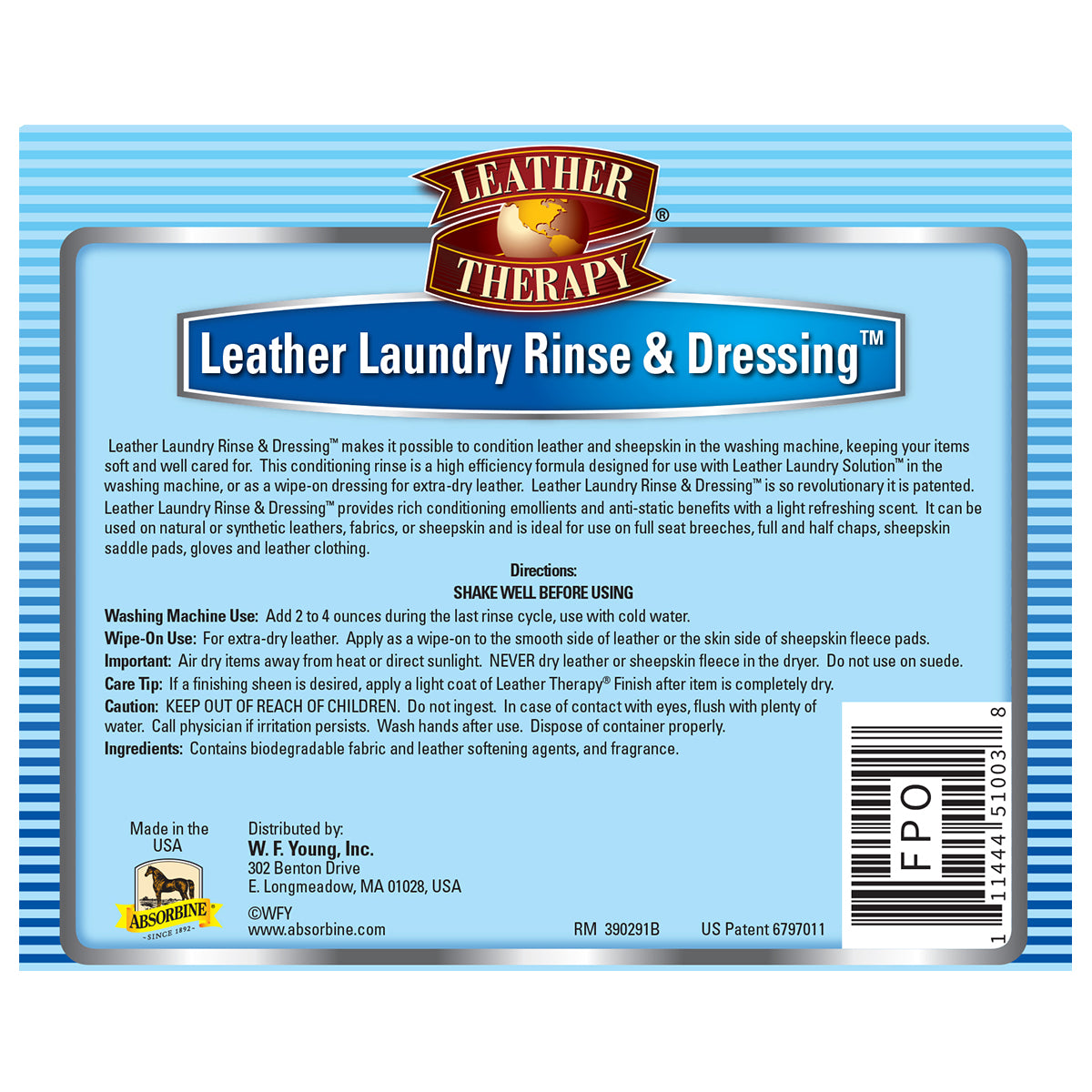 Leather Therapy Leather Laundry Rinse & Dressing. Conditioning Rinse and Wipe-On dressing. Conditions, refreshes, anti-static, biodegradable back label.