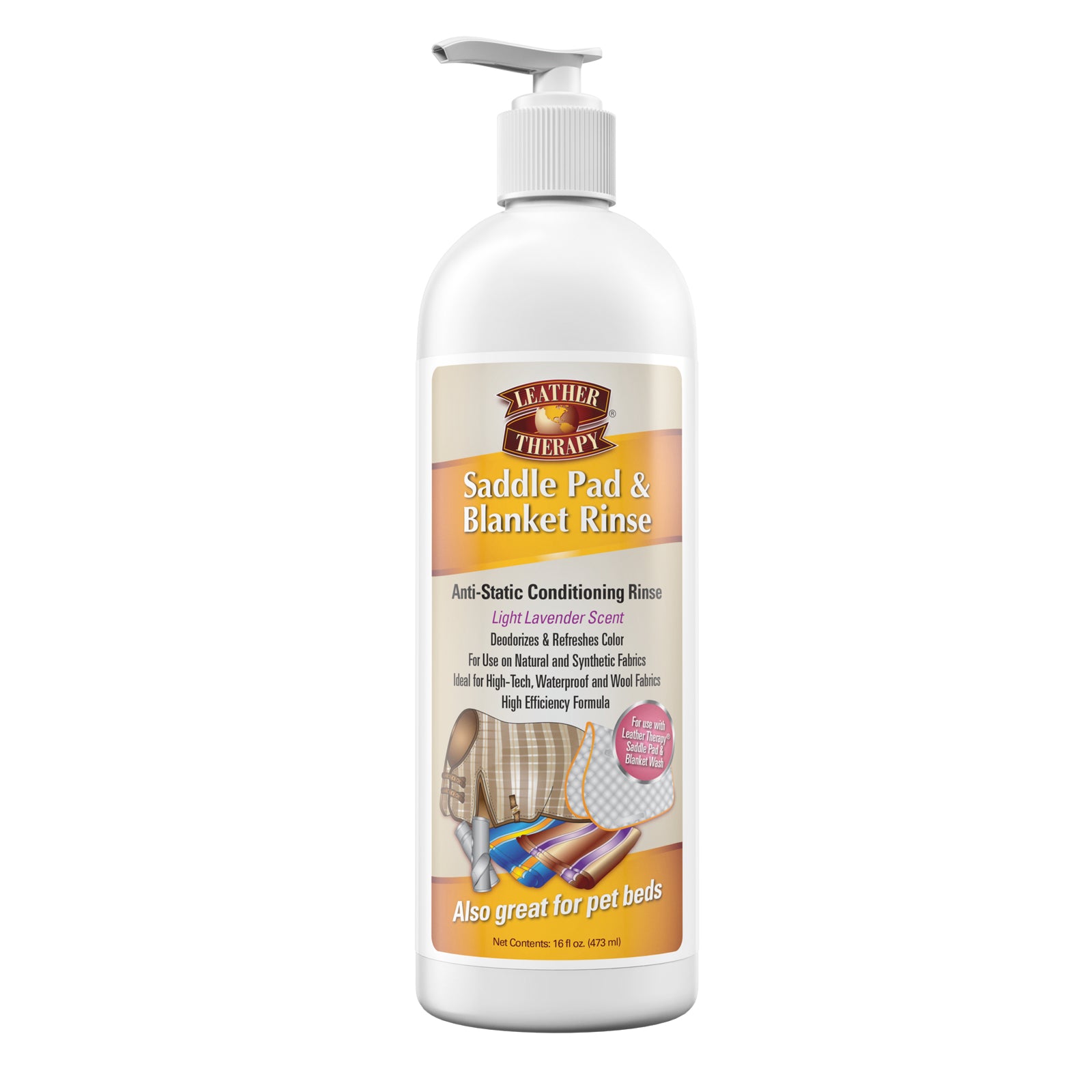 Leather Therapy Saddle Pad & Blanket Rinse.  Anti-static conditioning rinse with a light lavender scent.  16 fluid ounce bottle with pump dispenser.