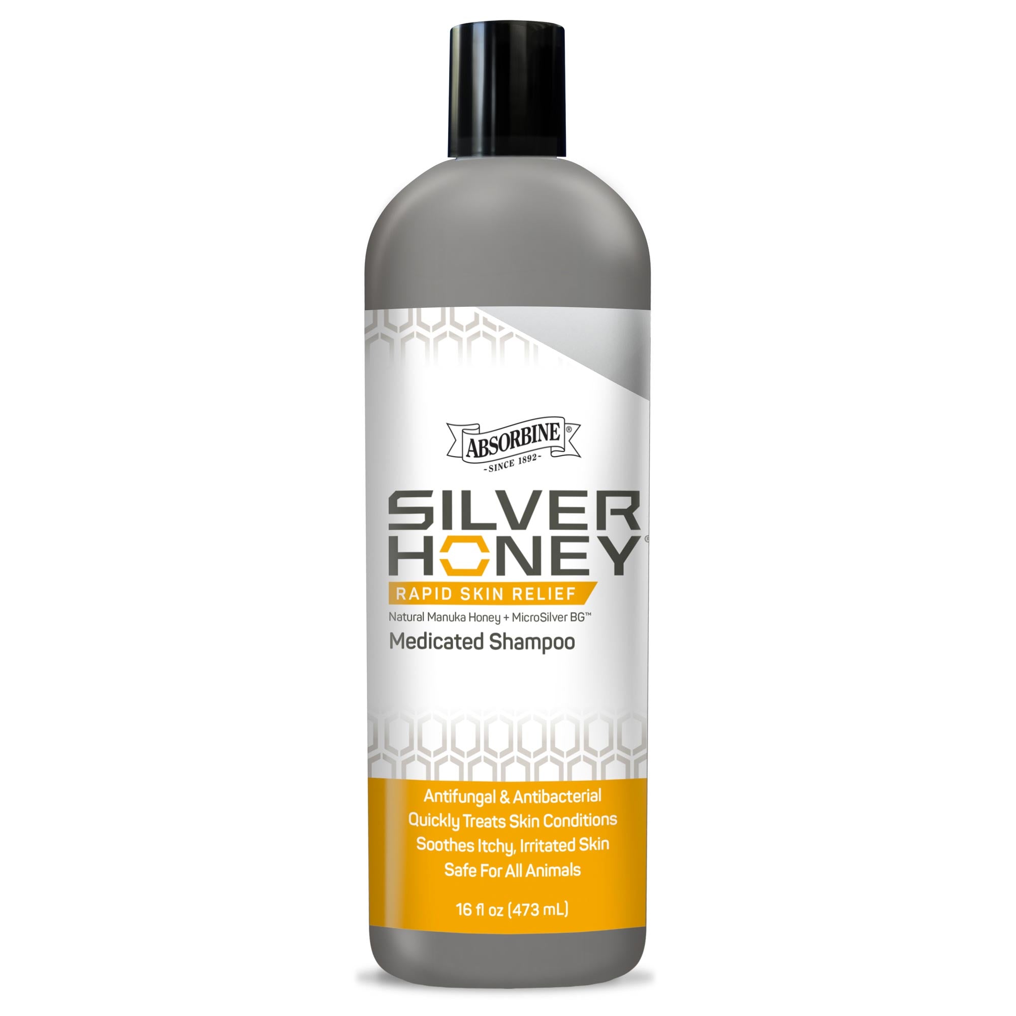 Silver honey rapid skin relief medicated shampoo.  Antifungal & antibacterial.  Quickly treats skin conditions, sooths itchy, irritated skin.  Safe for all animals.