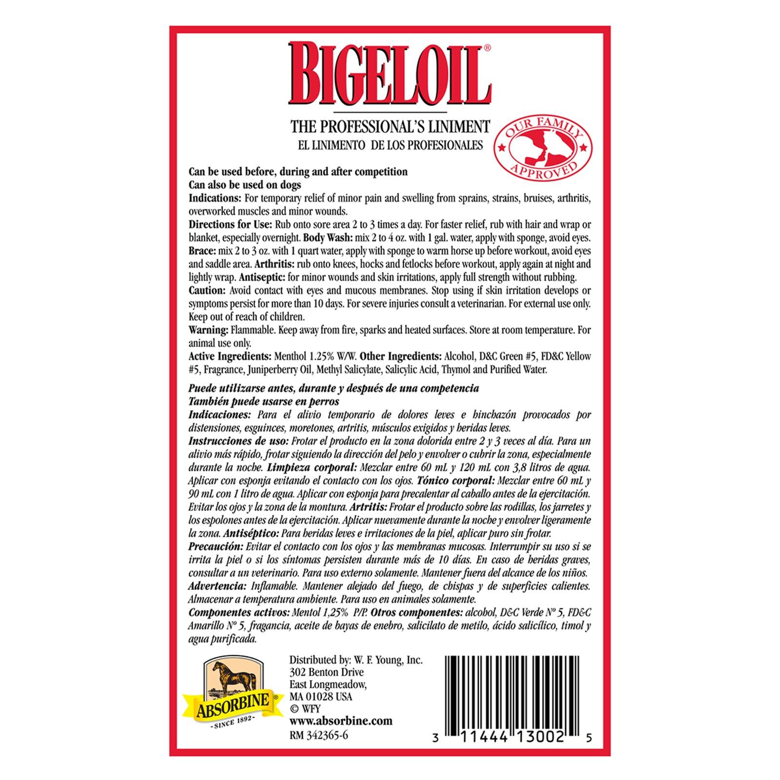 Back label for Bigeloil "the professional's liniment" topical pain relief 