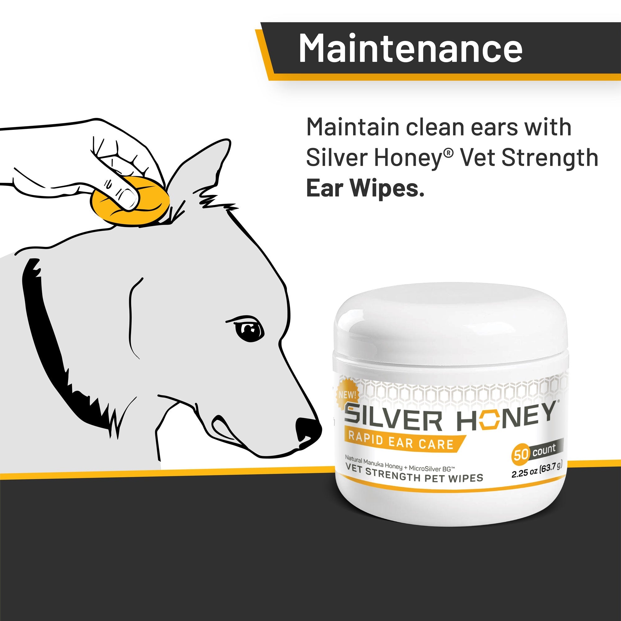 Silver Honey Rapid Ear Care, vet strength pet wipes 50 count. Maintenance of your pets ears, maintain clean ears with Silver Honey vet strength ear wipes.
