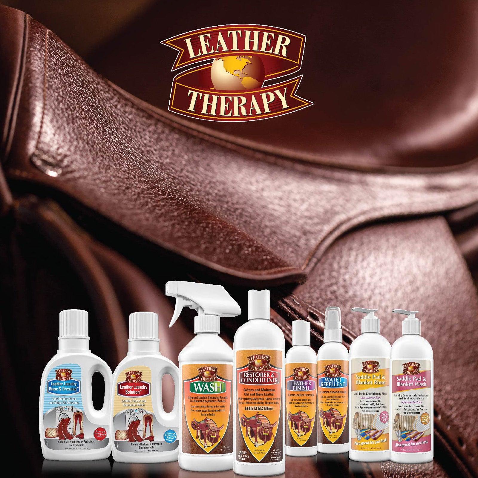 Leather Therapy line of products. Leather laundry rinse & conditioning, leather laundry solution. Leather Therapy wash, restorer and conditioner, leather finish, water repellent. Saddle pad & blanket rinse, saddle pad & blanket wash. All of our product sitting in front of a freshly Leather Therapy treated saddle.