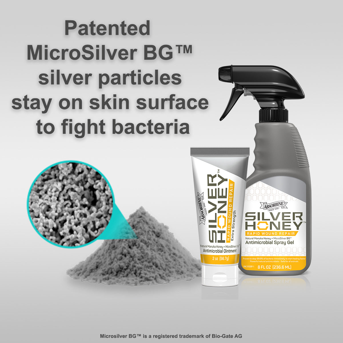 Silver Honey Rapid Wound Repair Ointment. Patented MicroSilver BG silver particles stay on the skin surface to fight bacteria.